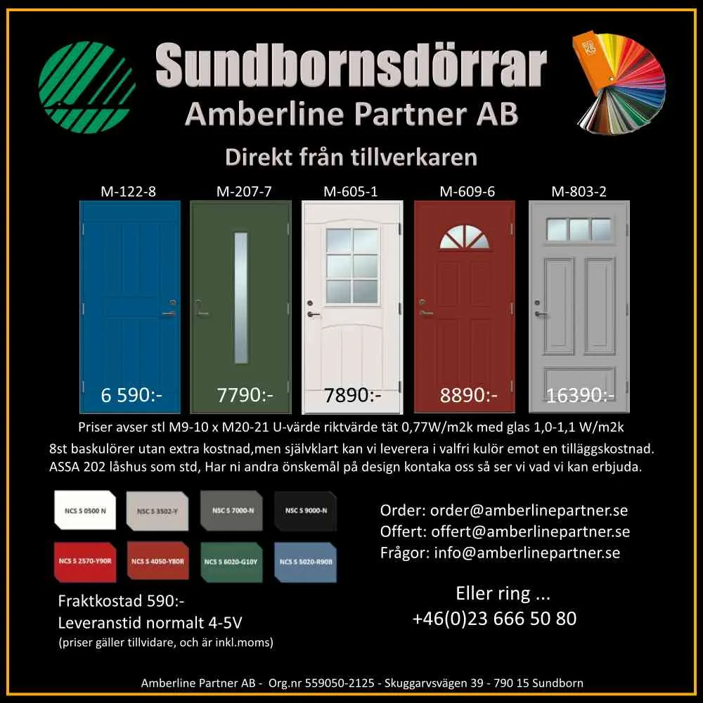 Reklamaffisch för Sundbornsdörrar från Amberline Partner AB med texten “Direkt från tillverkaren”. Affischen visar fem olika ytterdörrsmodeller i olika färger och utföranden med modellbeteckningar och priser under varje dörr. Längst ned finns färgprover enligt NCS-systemet samt information om fraktkostnad, leveranstid och kontaktuppgifter inklusive e-postadresser och telefonnummer. Affischen har svart bakgrund med logotyp, färgkarta och tydlig produktpresentation.